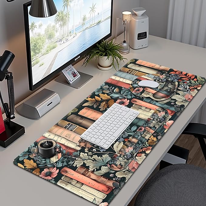 Nature Aesthetic Florals Books Mouse Pad, XXL Large Desk Mat Extended Reading Desk pad, 4PCS Non-Slip Rubber Base Computer Big Mousepads for Work, Game, Office, Home Decor Accessories I Bookworm Gift
