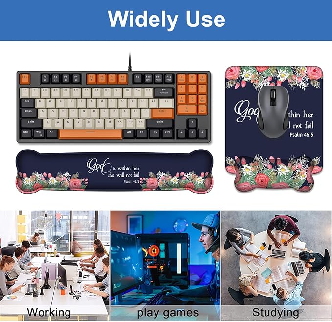 Wrist Rest Support Ergonomic Gel Mouse Pad & Memory Foam Keyboard Set, Non-Slip Rubber PU Base for Home Office Working Studying Easy Typing & Pain Relief - Bible Verses Psalm 46:5