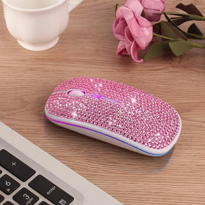Bluetooth Mouse,Bling Dazzling 2.4GHz Rechargeable Wireless Mouse Slim Mouse with USB Receiver, Compatible with Notebook, PC, Laptop, Computer, MacBook,Great Present idea for Her (Pink)