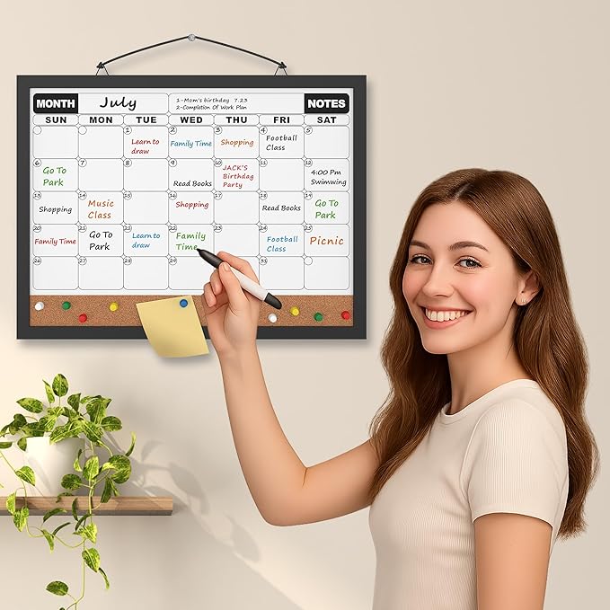 Monthly Calendar Dry Erase Board 16x12 Inch, Double-Sided Whiteboard and Corkboard Combo with Black MDF Frame, Wall Mounted Planner with Markers, Magnets, Push Pins, Eraser