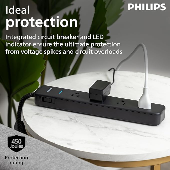 PHILIPS 4-Outlet Surge Protector Power Strip, 450J, Adapter-Spaced, 4ft Braided Cord, Outlet Extender, Extension Cord, for Home School or Office, Black, SPP3503B/37