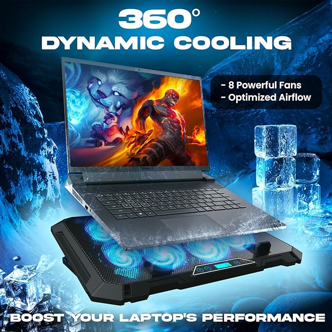 KLIM V8 Gaming Laptop Cooling Pad with 8 Fans + New Version + Gaming Laptop Cooler + Stable RGB Laptop Stand with Fan + Compatible up to 17" + 2 USB Ports + Phone Holder + 5 Year Assurance