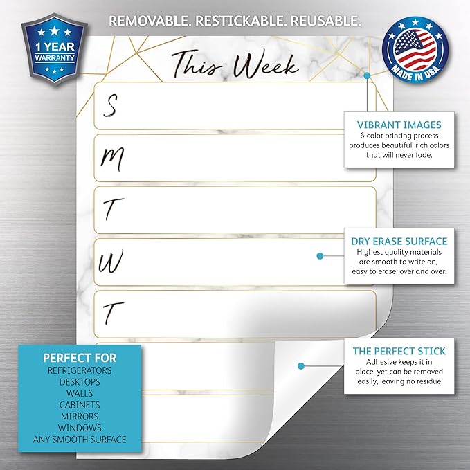 Dry Erase Weekly Calendar Planner Sticker Decal | Removable & Reusable | Magnetic Fine-Tip Marker Included (9 x 12 inches, Marble)