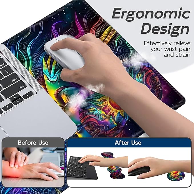 Gaming Mouse Pad Set, Colorful Sun Woman Large Desk Mat Mousepad, Keyboard Wrist Support, Mouse Wrist Rest, Coaster 4in1 Ergonomic Memory Foam, Non-Slip Stitched Edge for Home Office