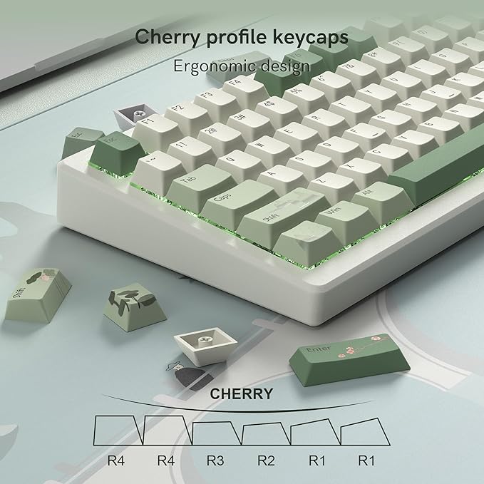 dagaladoo Matcha Green Keycaps PBT,dye Sublimation keycaps 60% 65% 100%, Spring Tea Custom Keycap Set, Cherry Profile Keyboard caps for 60% 65% 75% 100% TKL US Layout Mechanical Keyboard（134keys