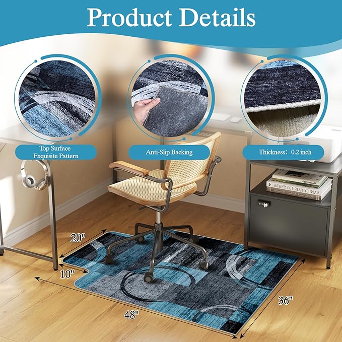 Office Chair Mat for Hardwood Floor & Tile Floor,36"X 48" Heavy Duty Desk Chair Mat for Hard Floors, Under Desk Rug for Rolling Computer Chair,Anti Slip,Low Pile Carpet Protector-Convex Geo Blue Gray
