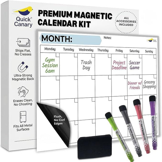 Monthly Magnetic Calendar for Refrigerator - 17x12” Stain-Resistant Dry Erase Fridge Calendar Whiteboard with Large Writing Space for Schedules, Chores & Meals - With 4 Markers & Eraser - Monday Start