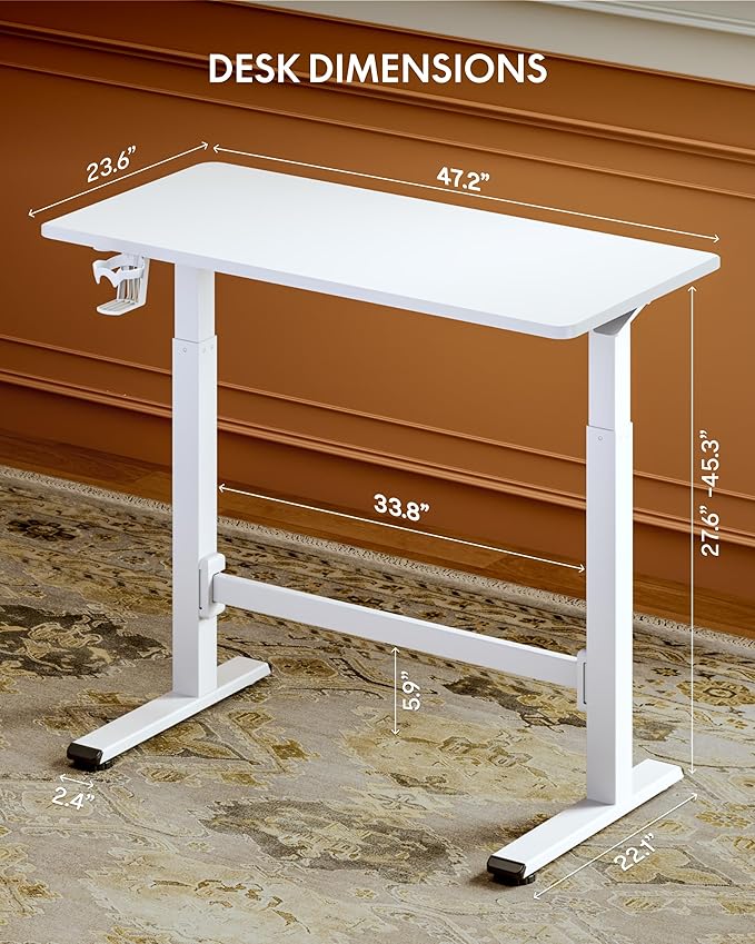 FLEXISPOT H7 Plus Gas Spring Adjustable Standing Desk, Mobile Rolling Sit-Stand Table with Wheels, Cordless Stand Up Desk for Small Spaces & Home Office, 48" One-Piece Desktop White，Height 27.6"–45"