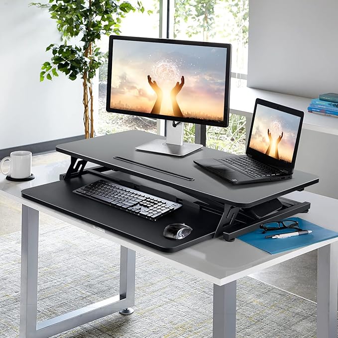 Standing Up Desk Converter 32" Height Adjustable Sit Stand Desk with Removable Keyboard Tray, Large Desk Riser Ergonomic Gas Spring Dual Monitor Workstation for Home Office