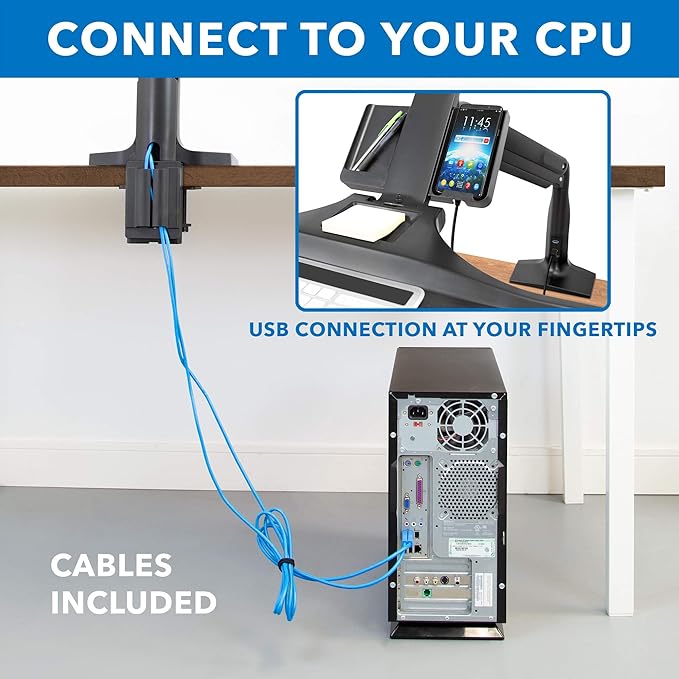 Mount-It! Dual Monitor Arm Desk Mount Sit-Stand Workstation with 2 USB 3.0 Ports, Height Adjustable 23.1–42.9”, Fits Two 17–27” Screens, 13.2 lbs Each, VESA 75x75 100x100, Clamp or Grommet