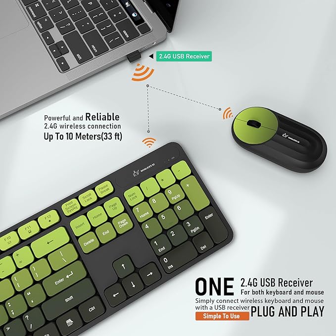 Wireless Keyboard and Mouse Combo - 2.4G Wireless, Rechargeable, Low-Noise, Cute Colorful, Full-Sized, 3 DPI Adjustable Mouse, for Computer, Laptop, PC, Desktop(Black Green)
