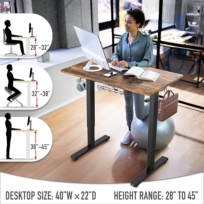 SHW 40 x 22 Inches Electric Height Adjustable Sit to Stand Desk with Hanging Hooks and Cable Management, Black Frame and Rustic Brown Top