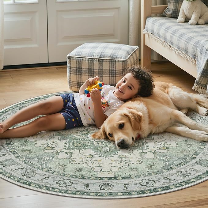48"x48" Office Chair Mat for Hardwood Tile Floor, Under Desk Carpet Protector for Rolling Computer Chair Mat, Machine Washable Round Area Rug, Anti-Slip 1/5" Thick Low Pile Thin Floor Mat, Green