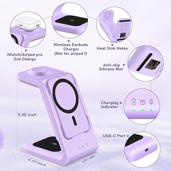 3 in 1 Wireless Charging Station: 5000mAh Removable Power Bank Charger Stand for Phone/Watch/Air Pods - Portable Magnetic Battery Pack for Air 17 16 15 14 13 12 Series Purple