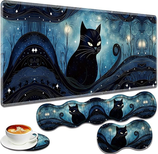 Large Gaming Mouse Pad + Keyboard Wrist Rest + Wrist Support + Coaster Set, Memory Foam Ergonomic for Easy Typing, XXL Extended Gaming Mouse Pad Table Pad - A Cat in The Moonlight
