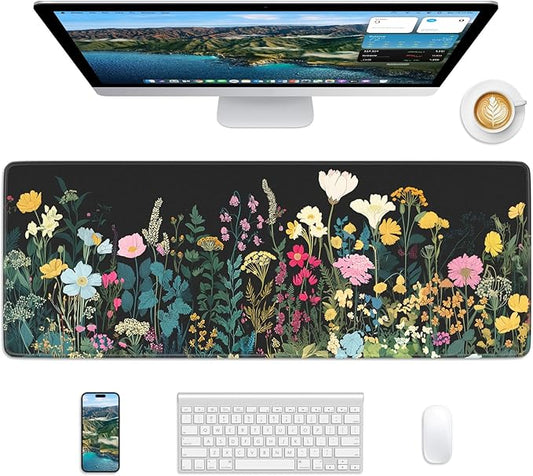 Floral Mouse Pad, 31.5 x 11.8 Large Desk Mat with Stitched Edges & Non-Slip Base, Mousepad for Office, Home, Work, Night Flowers