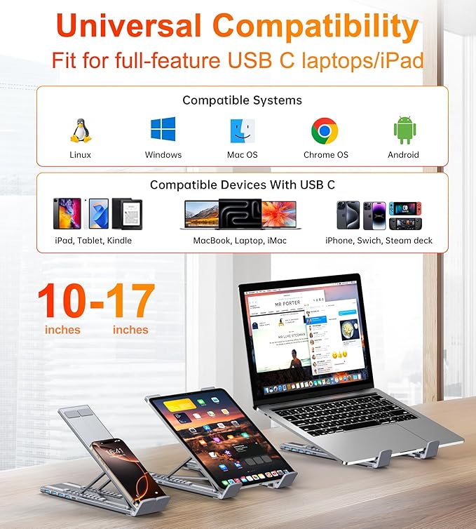 5-in-1 USB C Hub Adjustable Aluminum Laptop Stand, 4-Port USB A 3.0 with 5Gbps Data Transfer USB C Hub Docking Station [Charging Not Supported] for MacBookPro/Air/Dell/HP/Lenovo