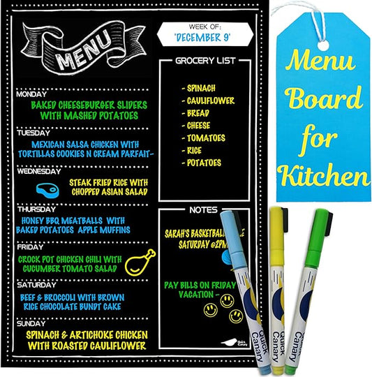 Magnetic Menu Board for Kitchen - 16x12” Black Chalkboard Calendar - Dry Erase Weekly Meal Planner for Fridge & Grocery List - With Vibrant Neon Chalk Markers - Easy to Use and Wipe Clean Magnet Board