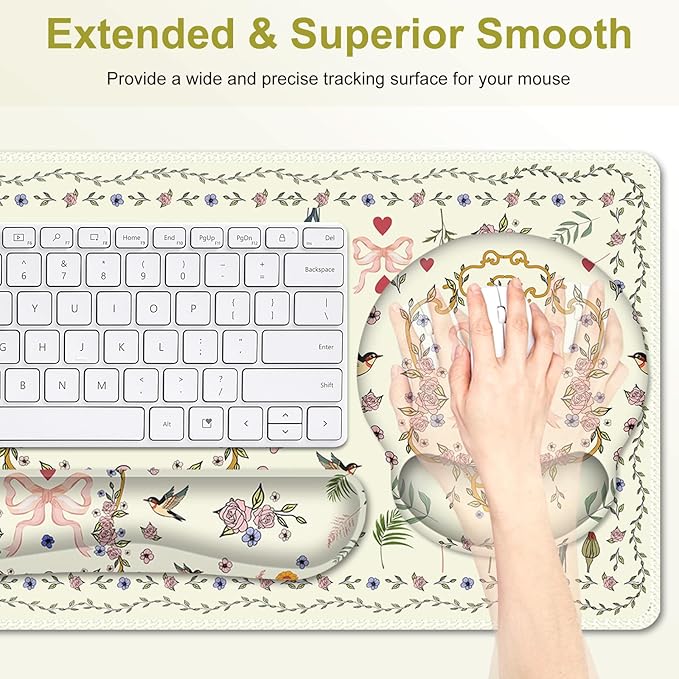 Off-White Mouse Pad, Cute Large Desk Mat Extended Nature Aesthetic Deskpad, 4 PCS Non-Slip Rubber Base Computer Mouse Pads for Work, Game, Office, Home Decor Gifts I Heart Bow & Floral Magpie