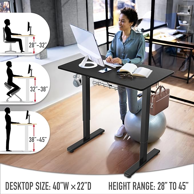 SHW 40 x 22 Inches Electric Height Adjustable Sit to Stand Desk with Hanging Hooks and Cable Management, Black Frame and Black Top