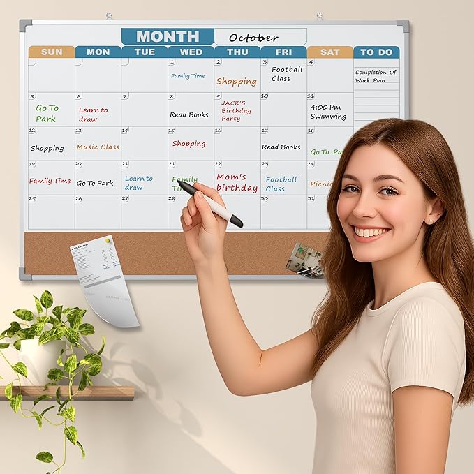 Monthly Calendar Dry Erase Board 36x24 Inch, Double-Sided Whiteboard and Corkboard Combo with Silver Aluminum Frame (Color Calendar), Wall Mounted Planer with Marker, Magnet, Push Pin, Eraser
