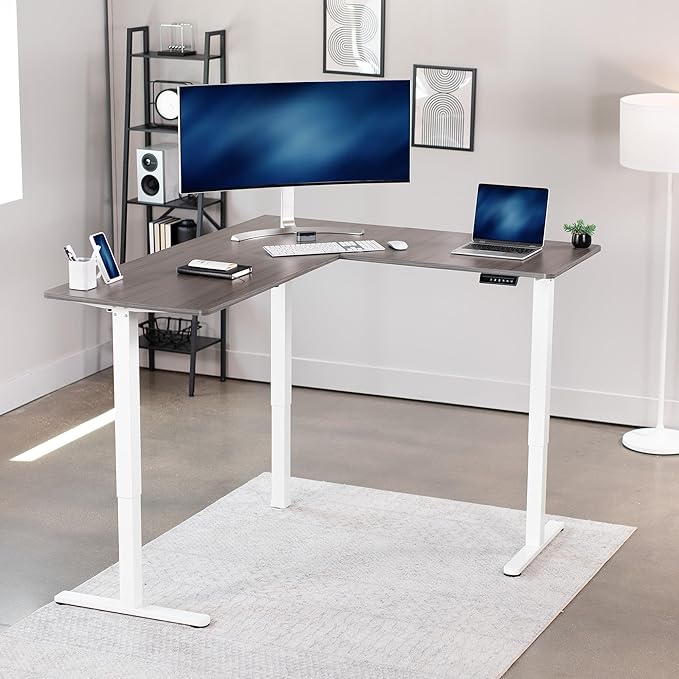 VIVO Corner Standing Desk, 63 x 55 inch Reversible L-Shaped Workstation, Electric Height Adjustment, Home, Office, and Reception Rooms, Dark Gray Table Top White Frame, DESK-E3CTWG