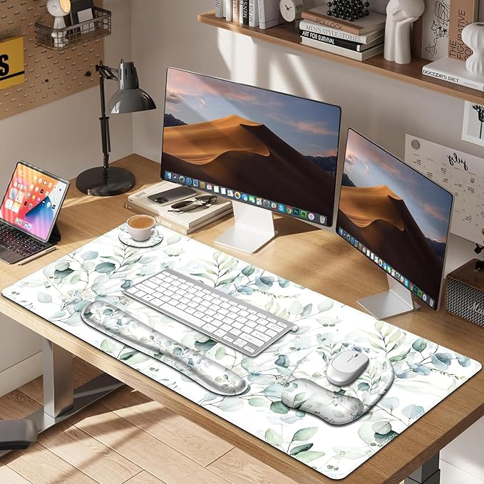 Large Mouse Pad with Wrist Support 4in1 Set, XXL Big Game Mousepad +Keyboard Wrist Rest+Mouse Wrist Rest+Coaster with Ergonomic Design Gaming Mat for Home Office Computer I Eucalyptus Branches