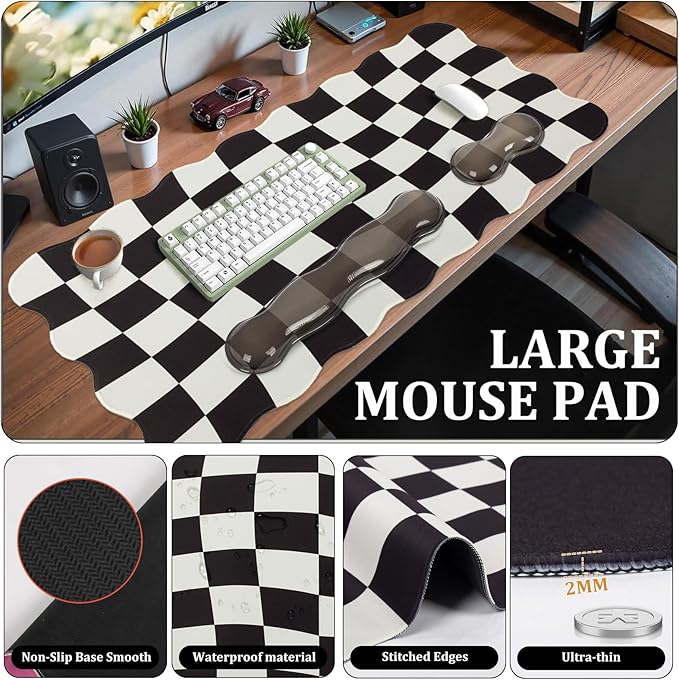 L-SPOUTTO Black Checkered Mouse Pad Set,Scalloped XXL Desk Mat + Ergonomic Mouse Wrist Rest + Gel Keyboard Wrist Rest for Keyboard 65%/75%,3in1 Large Desk Pad for Desktop Home Office Computer Game