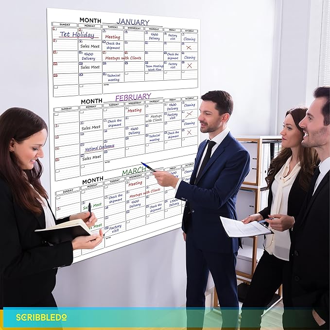 Large 36"x48" Quarterly White Board Calendar Dry Erase Calendar for Wall 3 Month Big Dry Erase Wall Calendar Monthly Dry Erase Board Planner Includes 6 Markers Eraser Push Pins & Mounting Tape