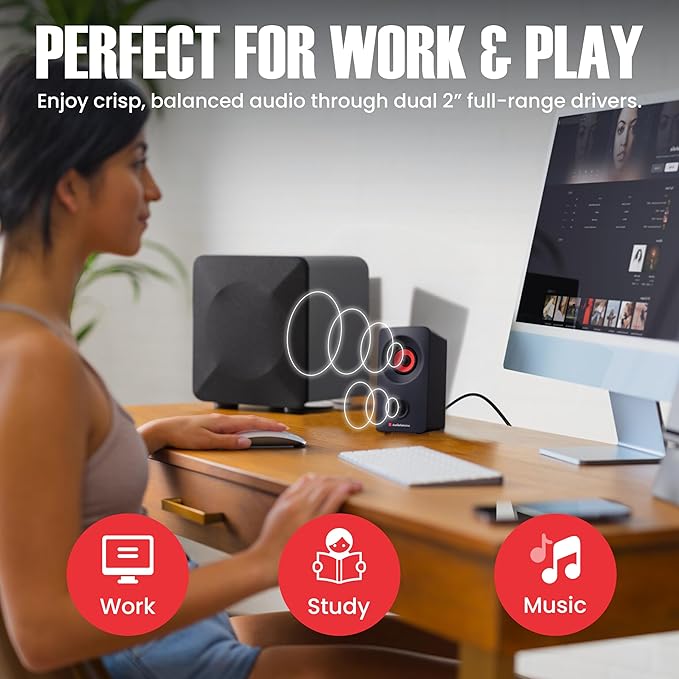 Audiosource Desktop PC Speakers with Bluetooth 5.3, USB-C Plug & Play, 2.0 Stereo Computer Speakers with Dual 2" Drivers, AUX Input, LED Indicator, Compact Design for PC, Laptop & Home Office (Black)