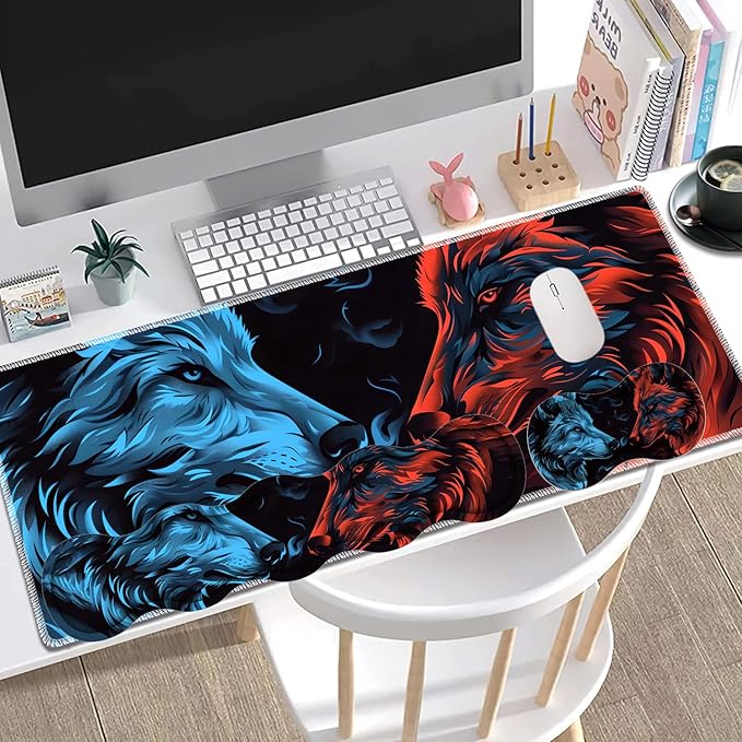 Large Gaming Mouse Pad + Keyboard Wrist Rest + Wrist Support + Coaster Set, Memory Foam Ergonomic for Easy Typing, XXL Extended Gaming Mouse Pad Table Pad - Flame Double Wolf