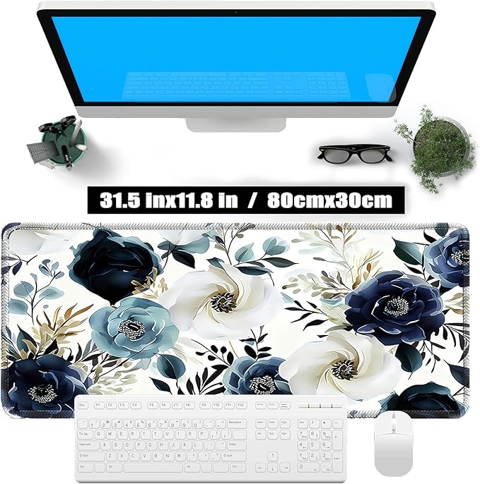 Blue Floral Peony Mouse Pad 31.5x11.8 Inch, Large White Flowers Desk Mat with Non-Slip Base, Micro-Woven Fabric, Stitched Edges for Office Computer