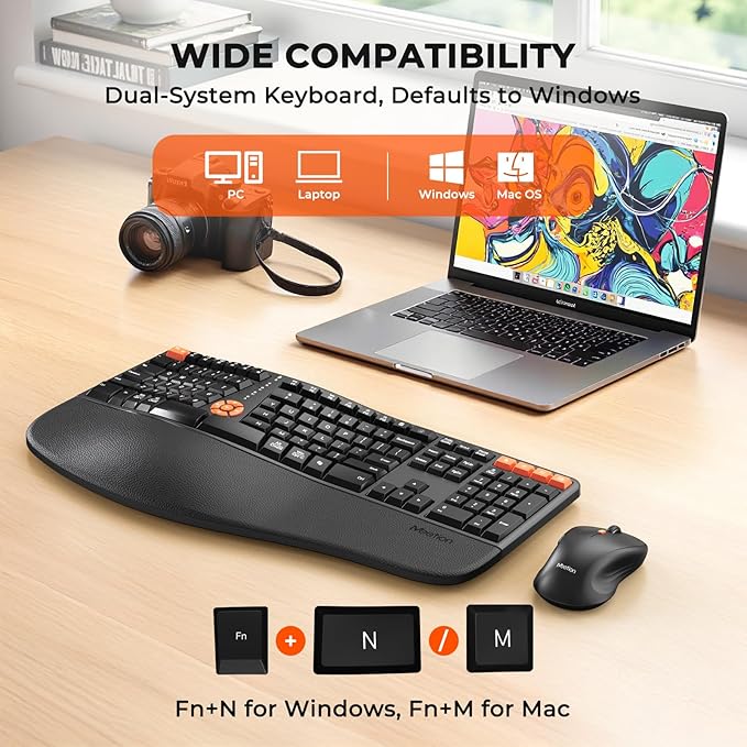 MEETION Ergonomic Keyboard and Mouse, 2.4G Wireless/Bluetooth Split Keyboard with Cushioned Palm Rest, 4 DPI Adjustable Mouse, Full Size Multi-Device Keyboard for Windows/Mac/PC/Laptop, Black