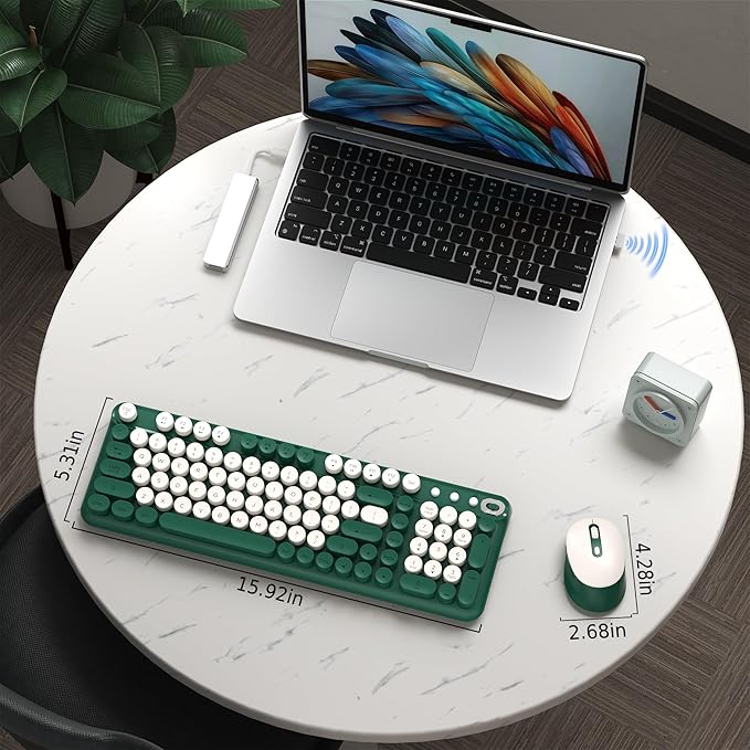 Wireless Keyboard and Mouse Combo, 2.4GHz USB Receiver, Plug and Play, Retro Full Size Typewriter Keyboard and Wireless Mouse for Computer, Laptop, Windows, Mac, and PC (Green)