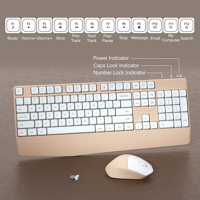 Wireless Keyboard and Mouse Combo, Full-Sized 104 Keys 2.4GHz Wireless Keyboard with Palm Rest and Wireless Mouse for Windows, Mac OS PC/Computer/Laptops/Desktops(Milk Tea)