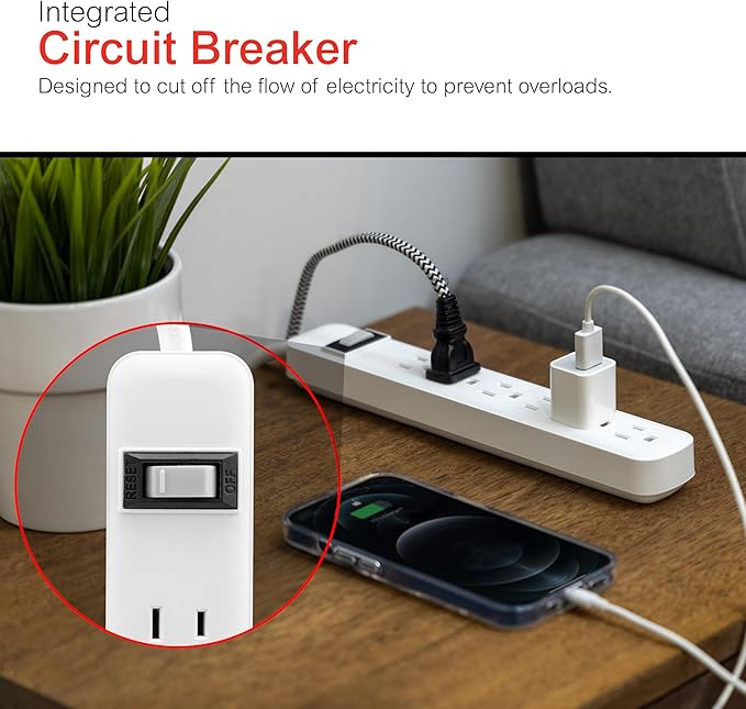 GE 6-Outlet Power Strip, 2 Pack, 1.5 Ft Extension Cord, Heavy Duty Plug, Grounded, Integrated Circuit Breaker, 3-Prong, Wall Mount, ETL Listed, White, 14833