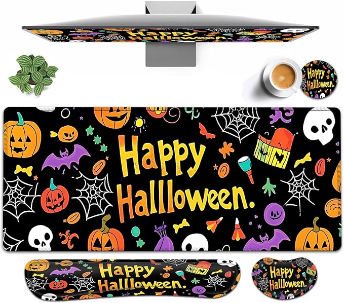 Large Mouse pad and Keyboard Support Set, Ergonomic Memory Foam Keyboard Wrist Rest, Extended Gaming Mouse Pad with Stitched Edges, Halloween Skull Bat XXL Desk Mat (31.5 X 11.8 in)