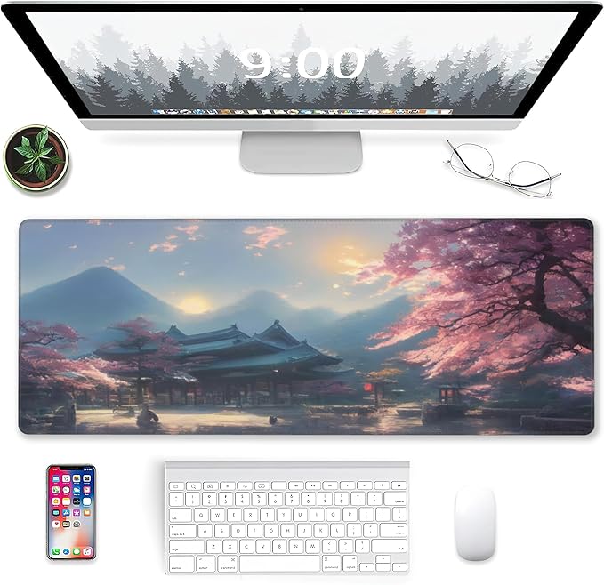 Desk Mat, Spring Cherry Blossoms Extended Gaming Mouse Pad Large, Fantastic Shrine Desk Mat with Non-Slip Base and Stitched Edge, Long Computer Keyboard Mouse Mat for Home Office Work 31.5"x11.8"