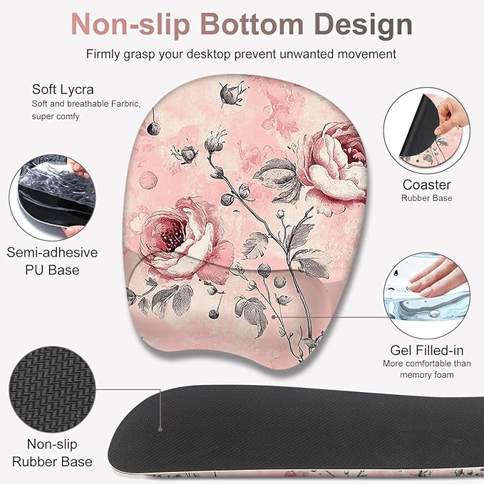 4 in 1 Large Mouse Pad, Keyboard Wrist Rest Set, Ergonomic Mouse Pad with Wrist Support, Desk Mat with Stitched Edges Extended Desk Pad Waterproof Desk Mat for Home Office Game I Pink Rose Flowers