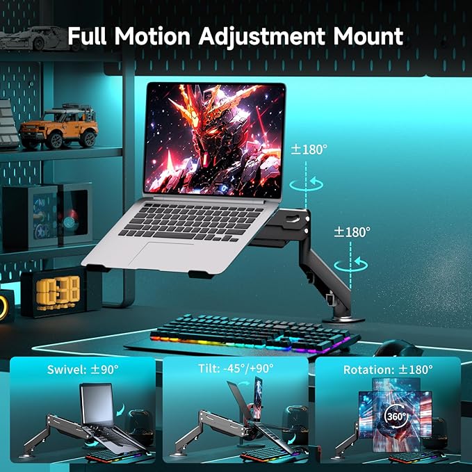 Pholiten Laptop Desk Mount with Gas Spring Arm, 2 in 1 Monitor Laptop Stand for 12-17 inch Notebook and 13-32 inch Computer Screen,Holds 22lbs. Full Motion Monitor Laptop Stand Mount with Vented Tray