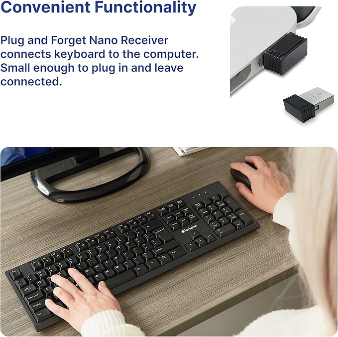 Verbatim Slimline Wireless Keyboard 2.4GHz USB Plug-and-Play Numeric Keypad Adjustable Tilt Legs Wireless Full-Size Computer Keyboard Compatible with PC, Laptop -Frustration Free Packaging Black 70738