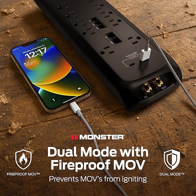 Monster Power Surge Protector w/ 4050 Joule Rating — Heavy Duty 6 FT Surge Protector Power Strip w/ 10 Outlets, 2 USB, 2 Coax, 2 Ethernet Ports — Fireproof MOV, Dual Mode, Clean Tech (Black)