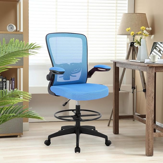 BestOffice Drafting Chair Tall Office Chair Adjustable Height with Lumbar Support Arms Footrest Mid Back Standing Desk Chair Swivel Rolling Mesh Computer Chair Standing Desk Drafting Stool Blue