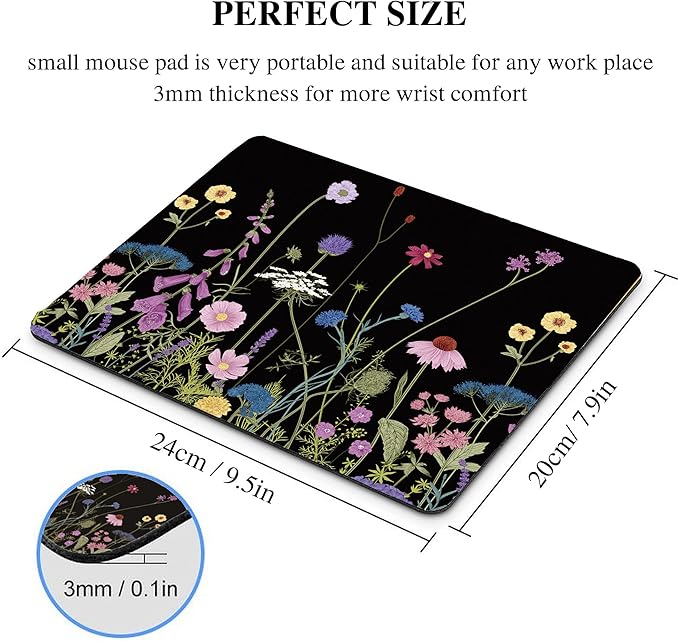 Black Floral Mouse Pad Flower Mousepad Purple Colorful Aesthetic Cute Desk Rectangular Laptop Women Girl Computer Office Small Non-Slip Wireless Mat Washable Decor Accessories Travel Gaming Supplies
