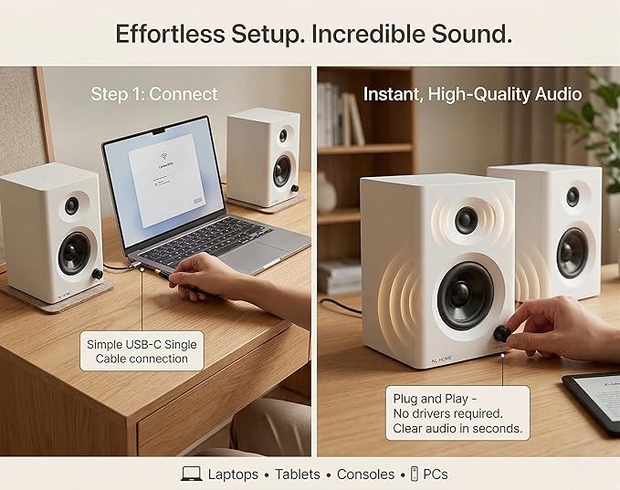 3-Inch Bluetooth 5.3 Computer Speakers for PC, Max 60W RMS Rich Stereo Sound with Good Bass & Clear Highs, Stable Aux/RCA Inputs, for Gaming, Home Office, Studio, White Pair