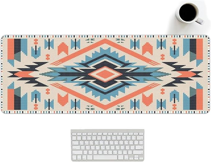 Western Rug Mouse Pads Vintage Southwest Desk Mats for Computers, Retro XL Large Aztec Desk Accessories Office Decor Blue Orange Gaming Full Desks Computer Mat for Women Men 31.5x11.8