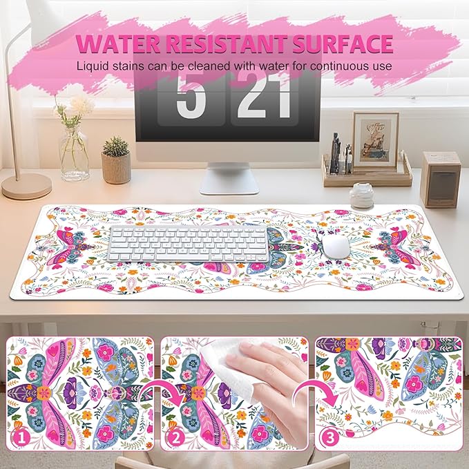 Desk Mat for Keyboard and Mouse, Large Non-Slip Mouse Pad Keyboard Pad, Computer Mats for Desktop, Cute Desk Pad with Stitched Edges for Office, Gaming I Pure White Vibrant Florals