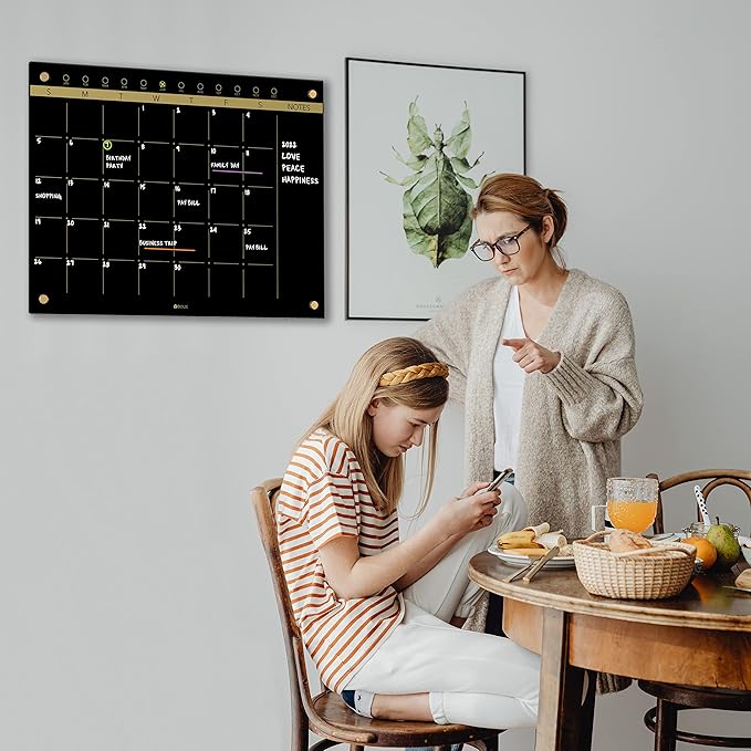 Black Glass Golden Monthly Dry Erase Calendar Whiteboard for Wall, 17" x 23", Frameless Large Planner White Board for Home Kitchen Office, 4 Wet Erase Markers Included, Yeoux