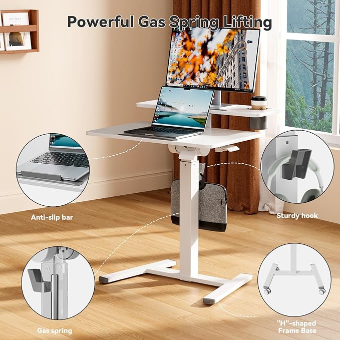 28Inch Mobile Standing Desk On Wheels， Rolling Laptop Stand with Tiltable Desktop， Small Computer Workstation Adjustable Height， 2-Tier Portable Study Table with Storage Shelves， White