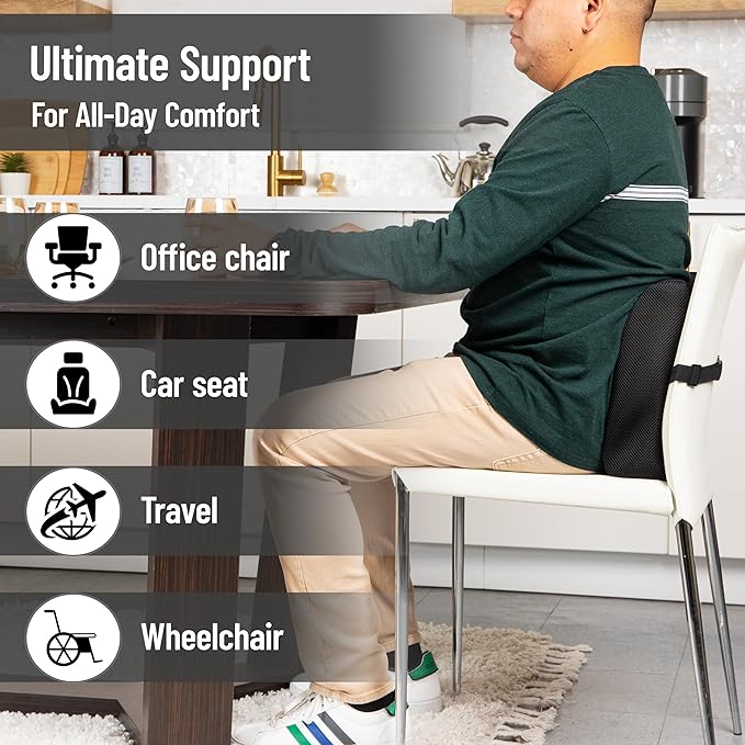 Mind Reader Lumbar Support Pillow with Air-Cloud Technology, Office Chair Back Cushion, Memory Foam, Black